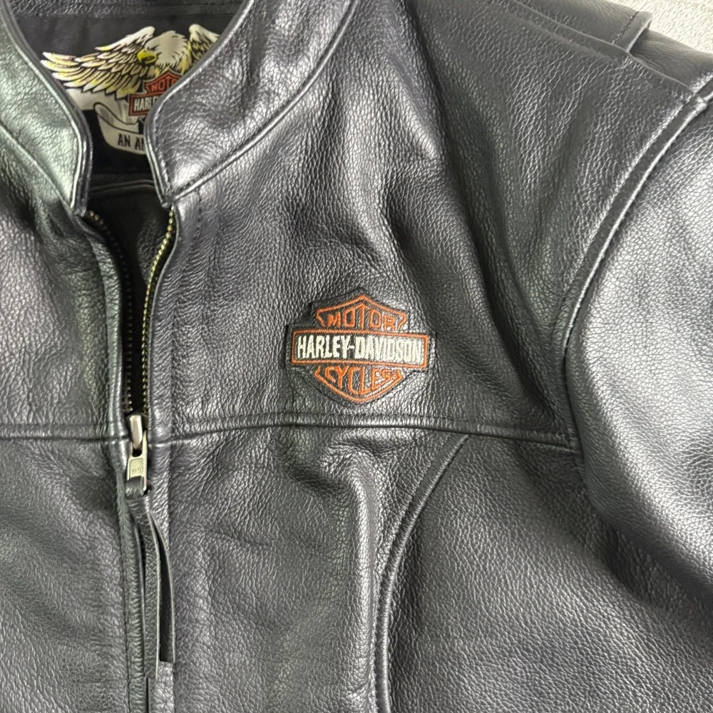 Harley Davidson Womens Black Leather Motorcycle Jacket Size L Biker Riding Y2K - Picture 2 of 11